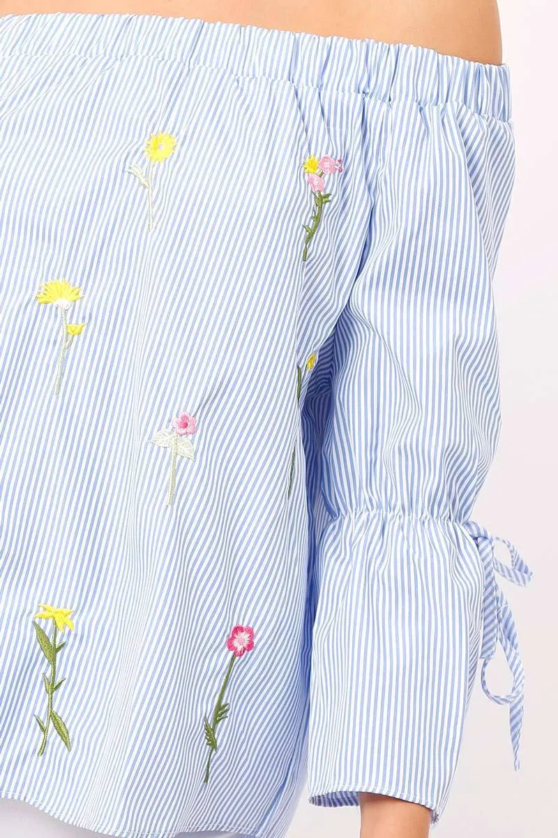 Blue Stripe Floral Embroidered Off Shoulder Top - CeCe