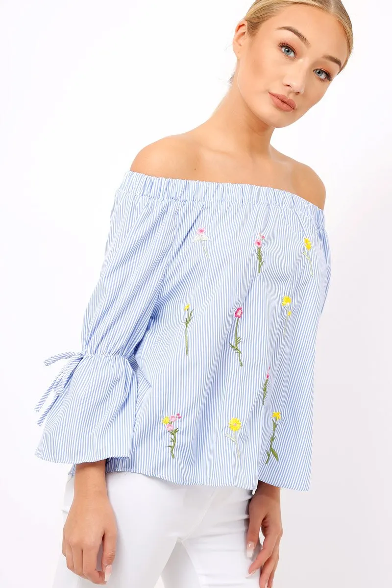 Blue Stripe Floral Embroidered Off Shoulder Top - CeCe