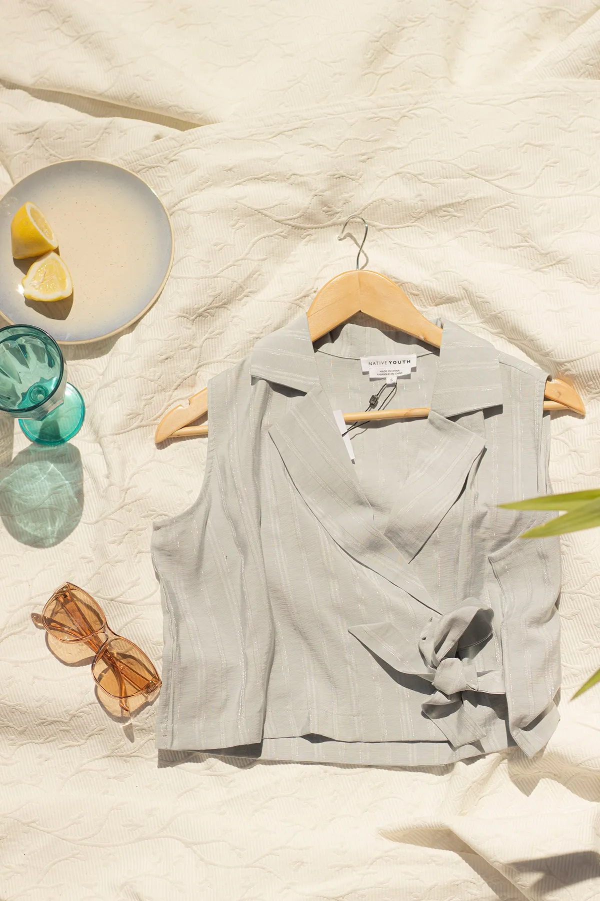 Blue Wrap Over Blouse With Self Tie