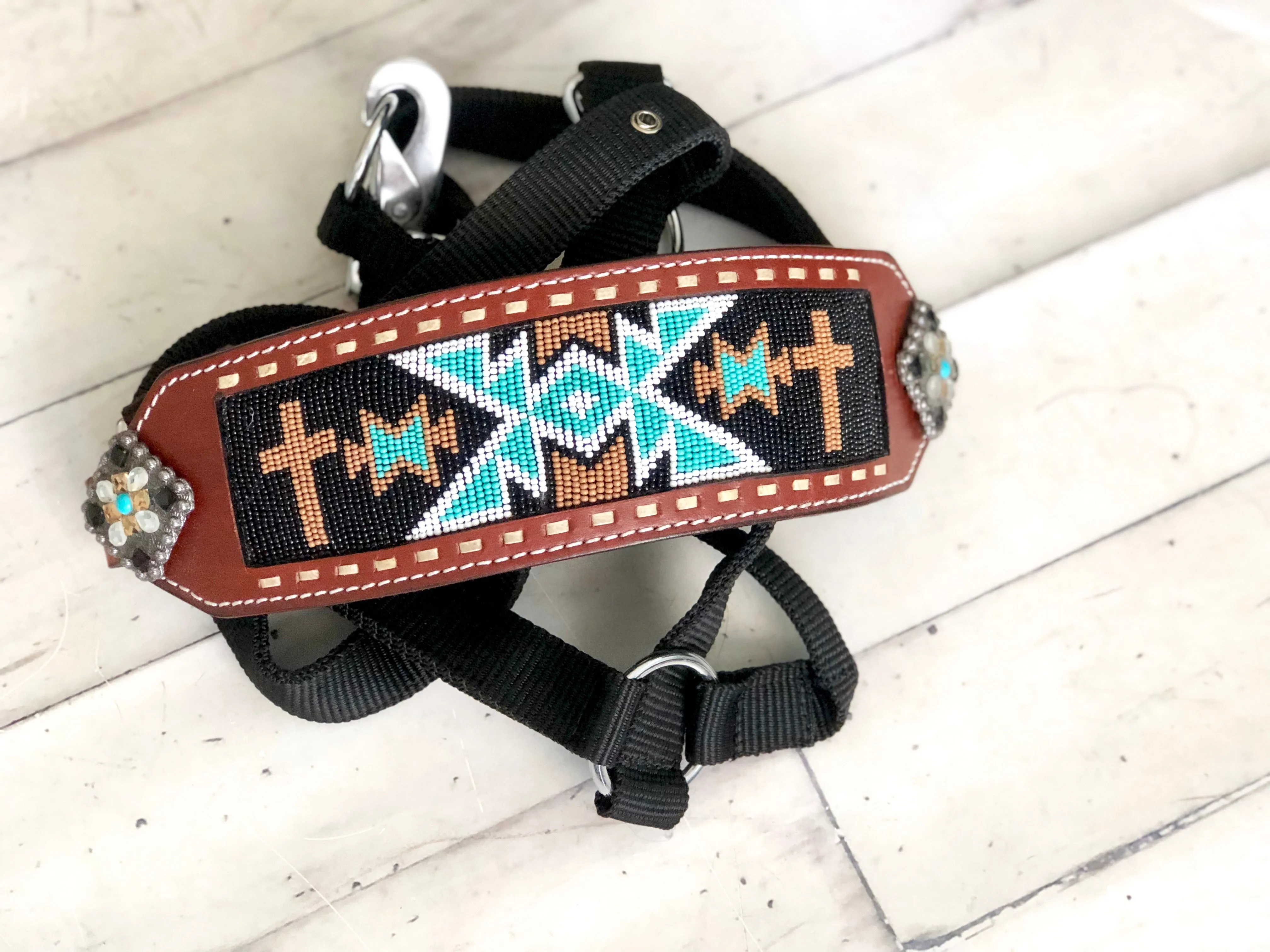 Bronze Cross Teal Pattern Beaded Bronc Halter