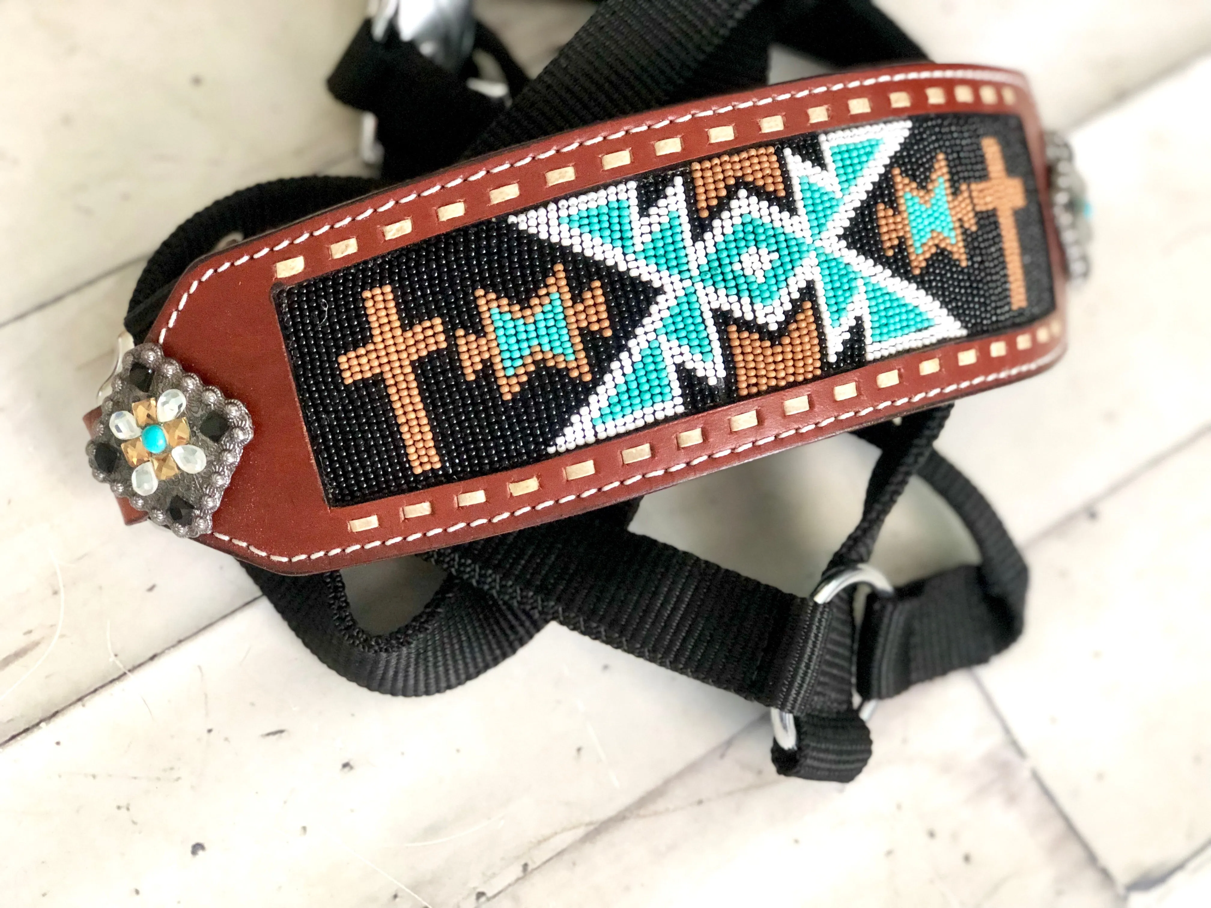 Bronze Cross Teal Pattern Beaded Bronc Halter