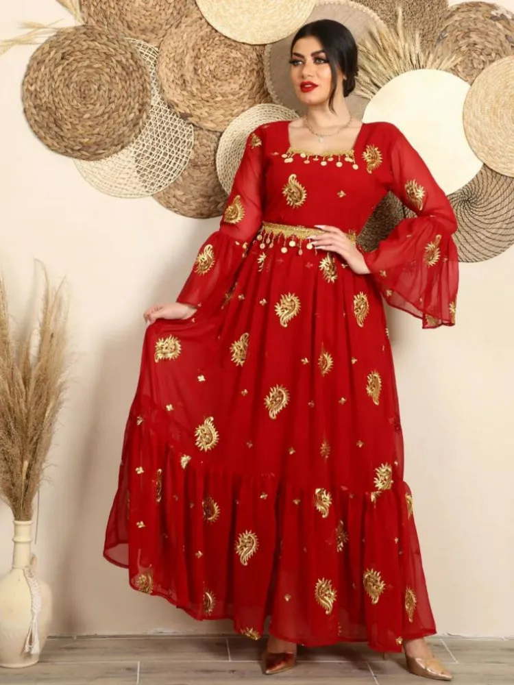Chiffon Embroidered Belt Dress