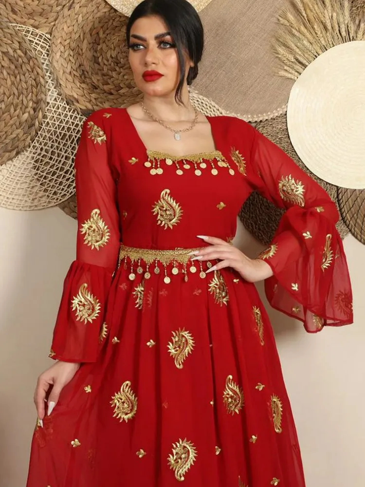 Chiffon Embroidered Belt Dress