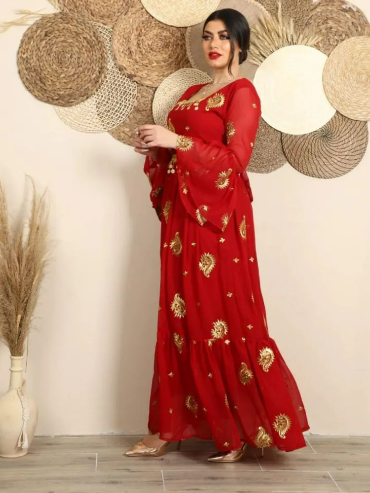 Chiffon Embroidered Belt Dress