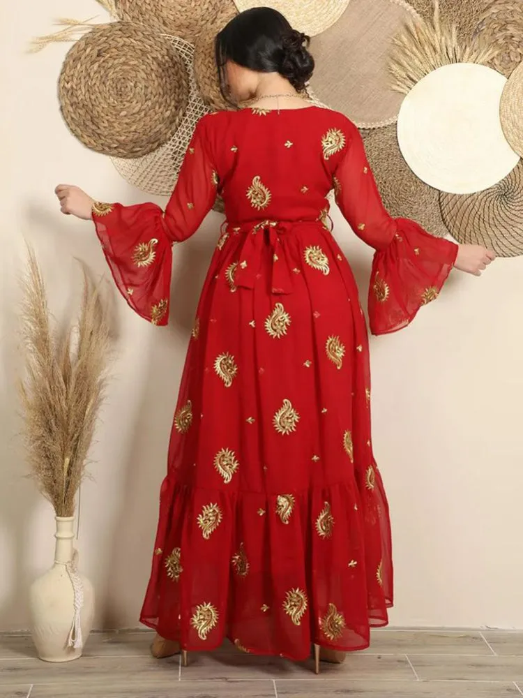 Chiffon Embroidered Belt Dress