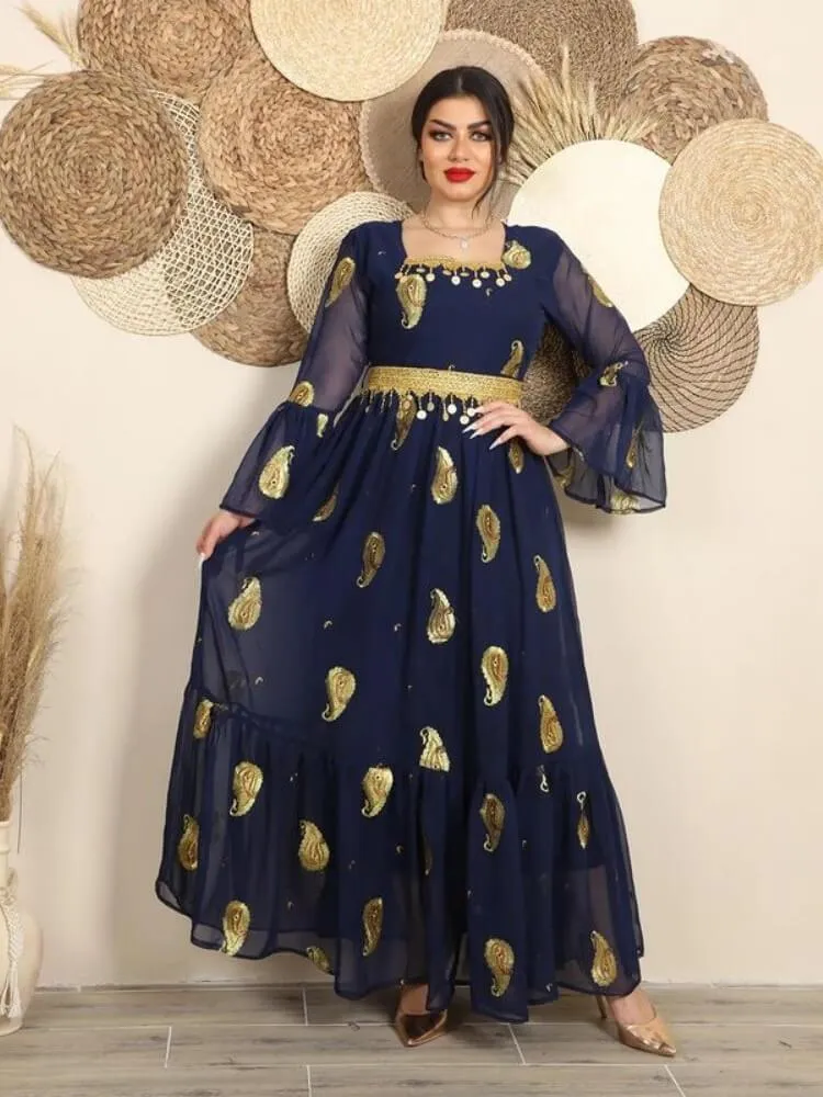 Chiffon Embroidered Belt Dress