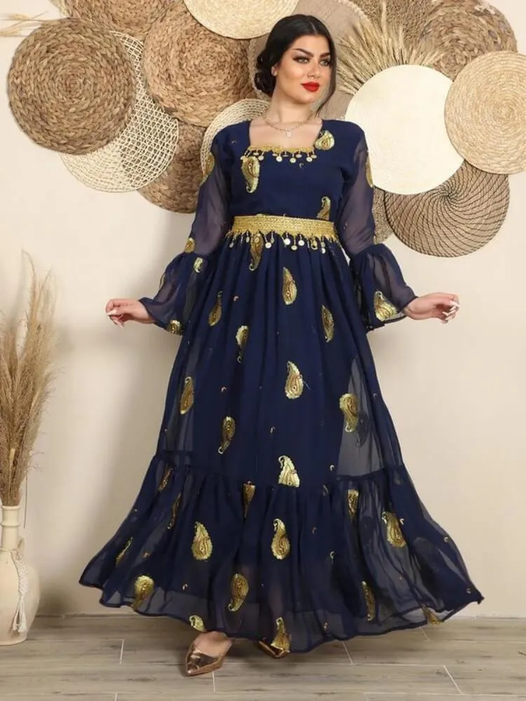 Chiffon Embroidered Belt Dress