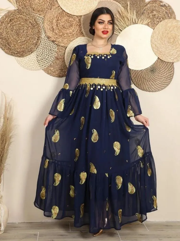 Chiffon Embroidered Belt Dress