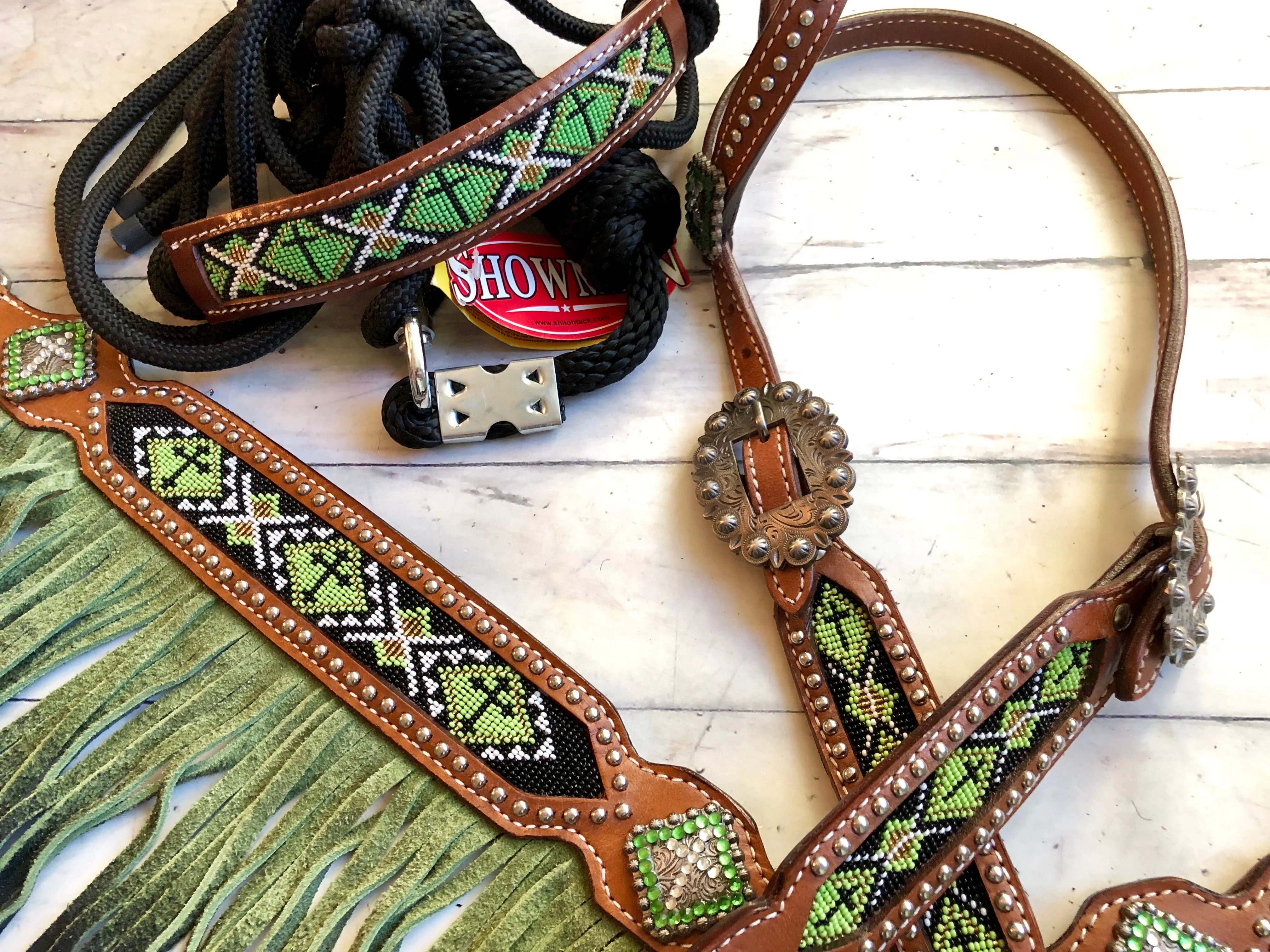 Clearance! Leather Beaded Inset Teal Cross Halter