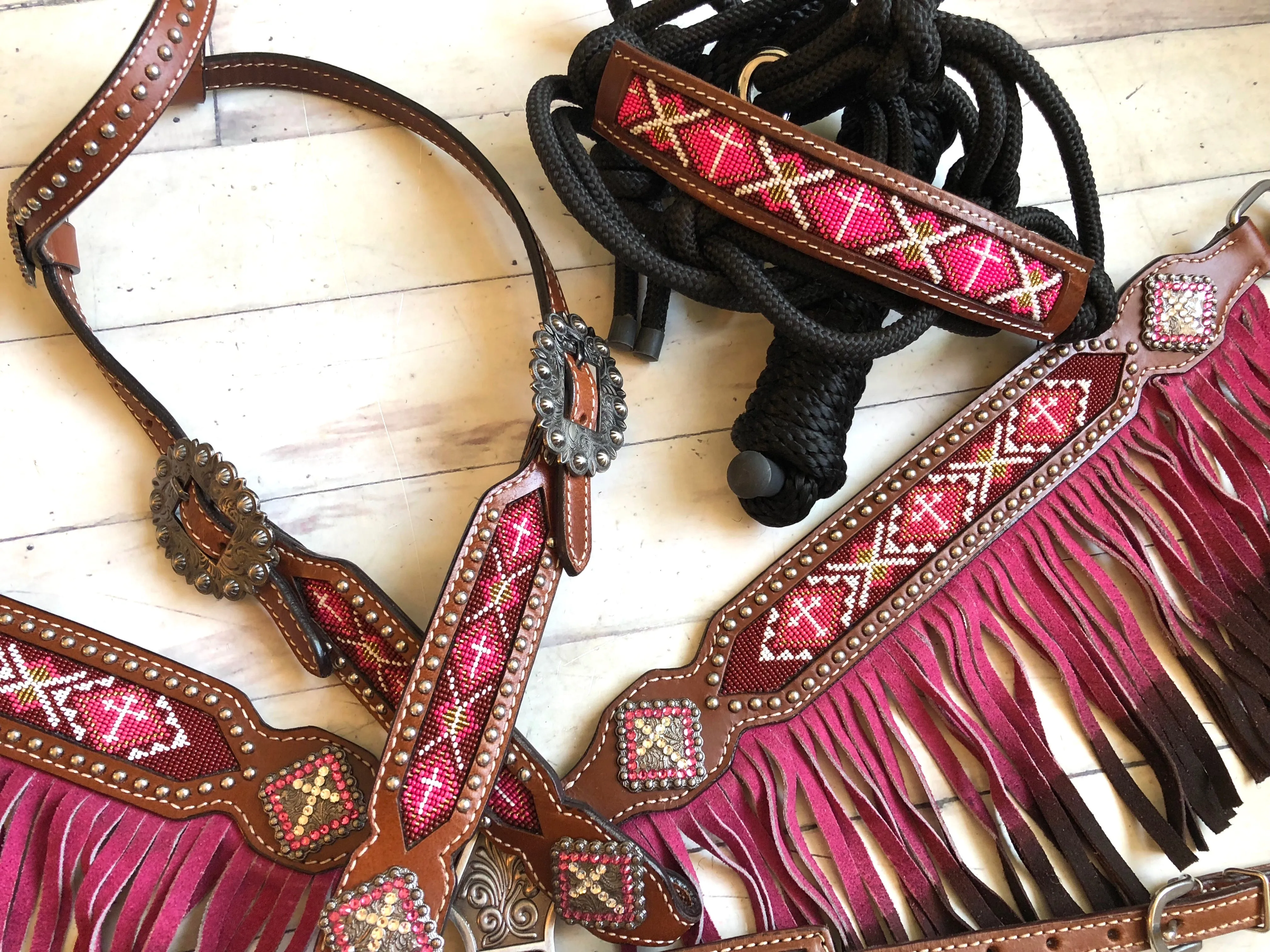 Clearance! Leather Beaded Inset Teal Cross Halter