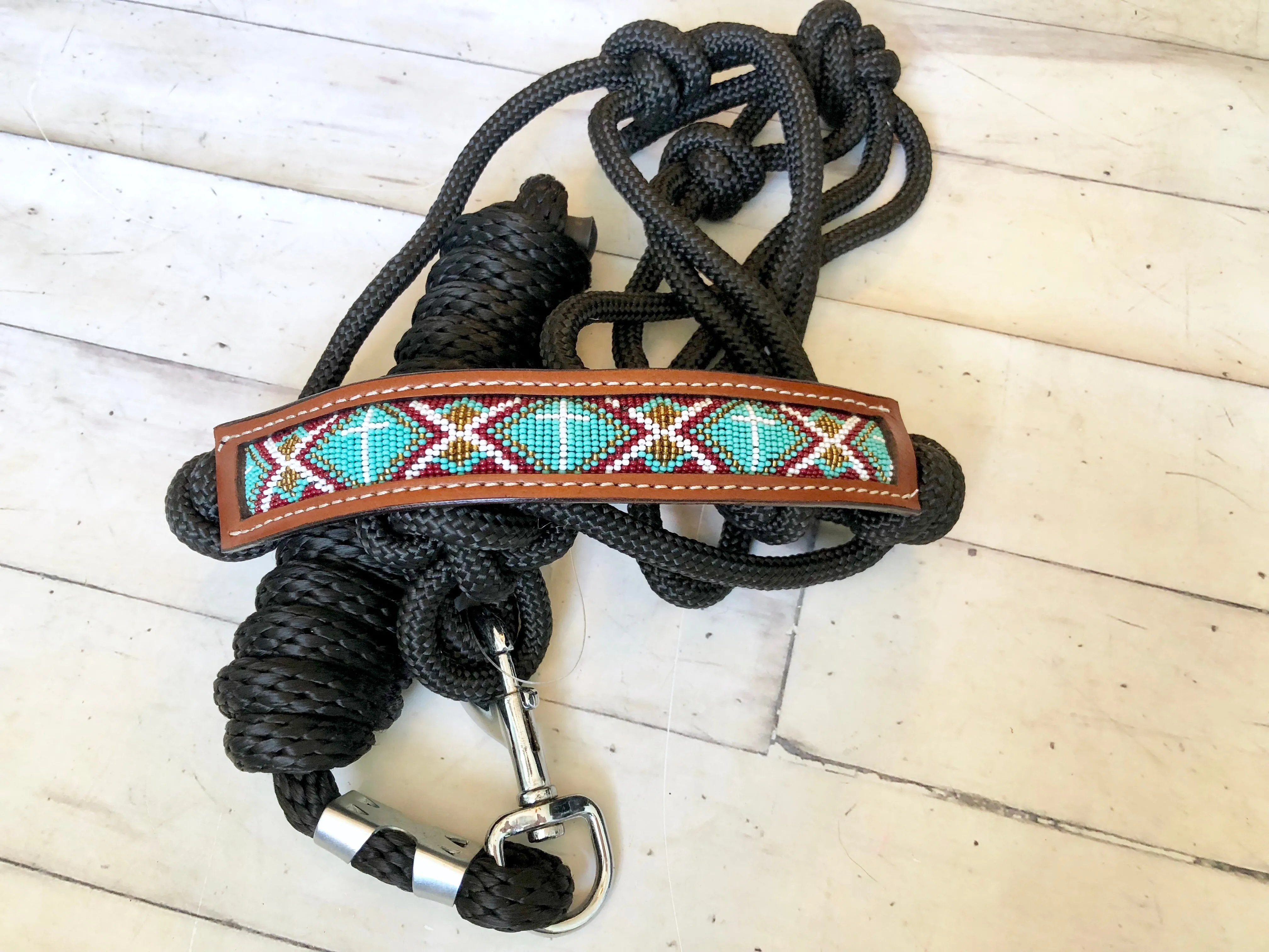 Clearance! Leather Beaded Inset Teal Cross Halter