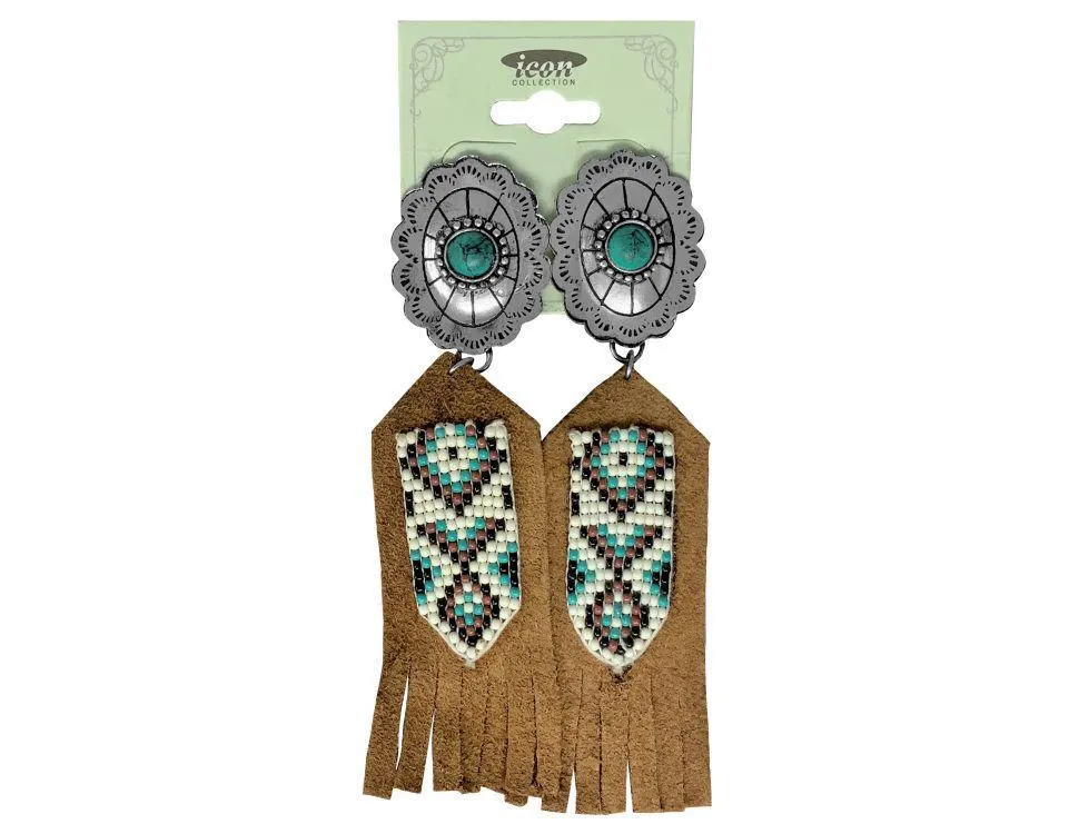 Concho Earrings with beaded leather accents