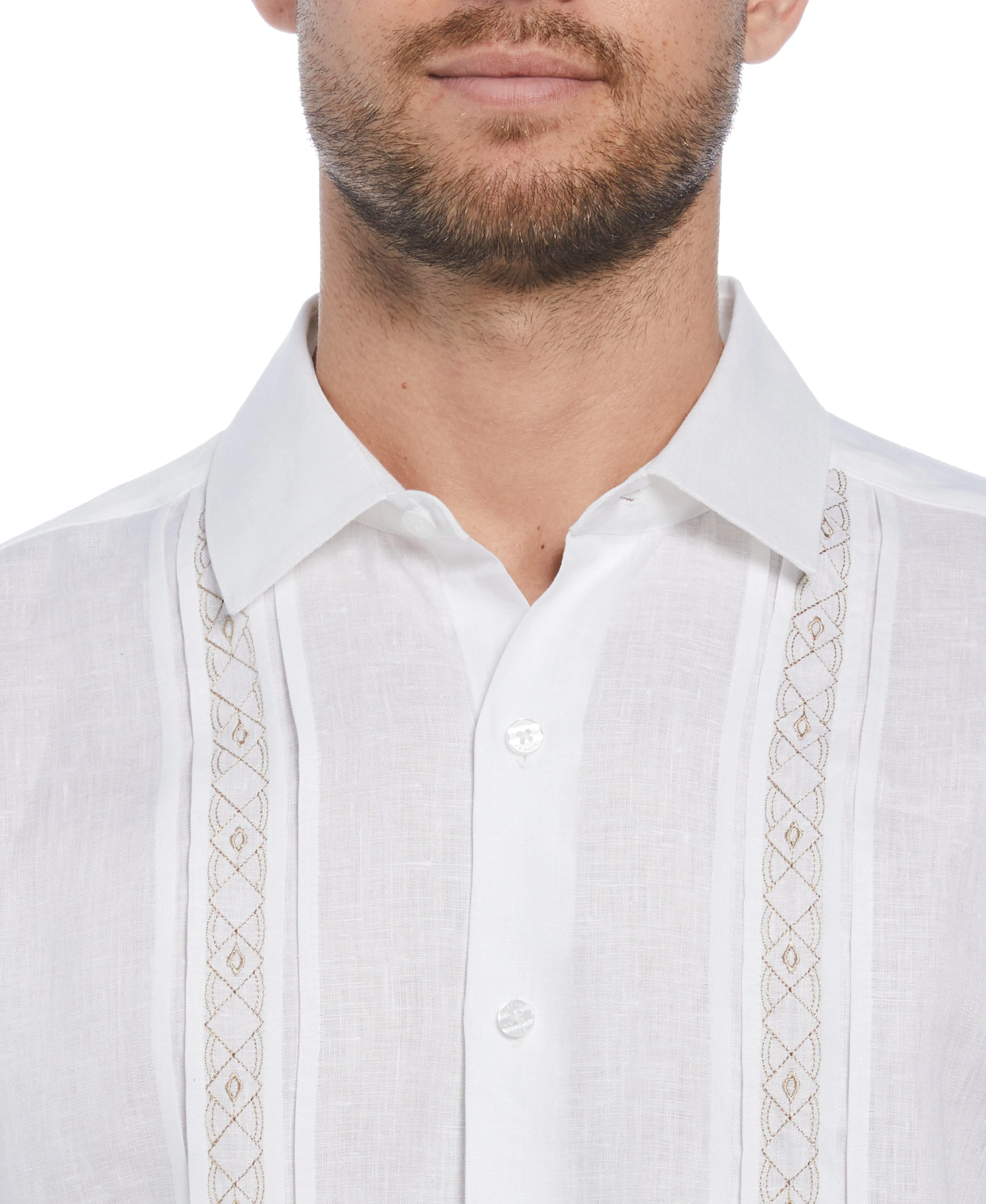 Cross Dye Linen Pintuck Embroidered Panel Shirt
