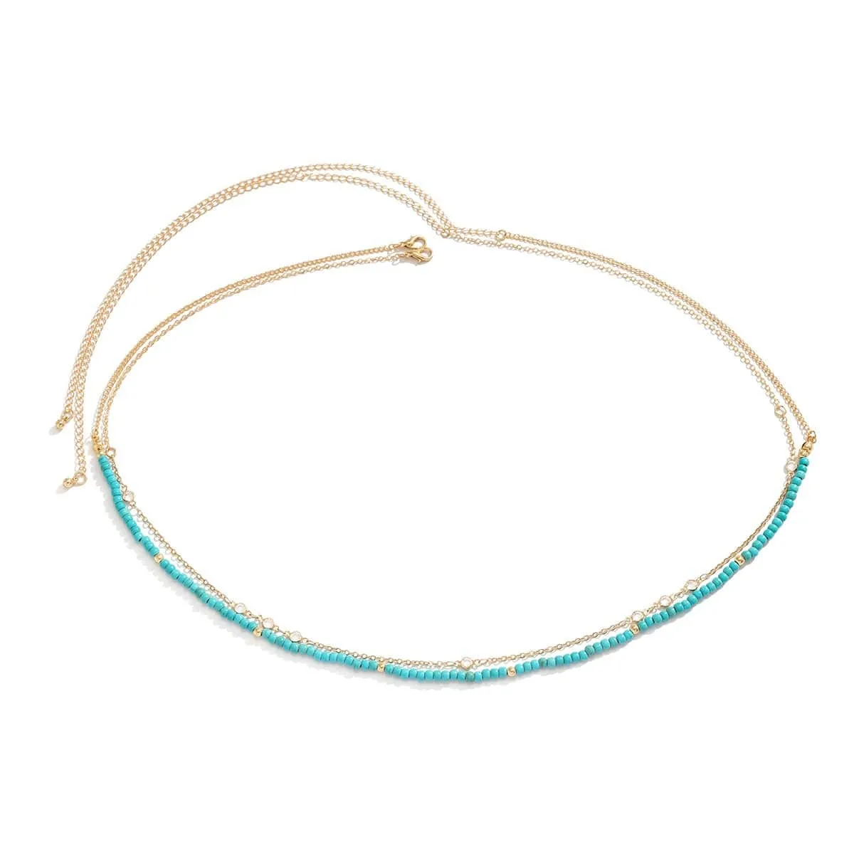 Dainty Layered Rhinestone Turquoise Seed Bead Belly Chain Set