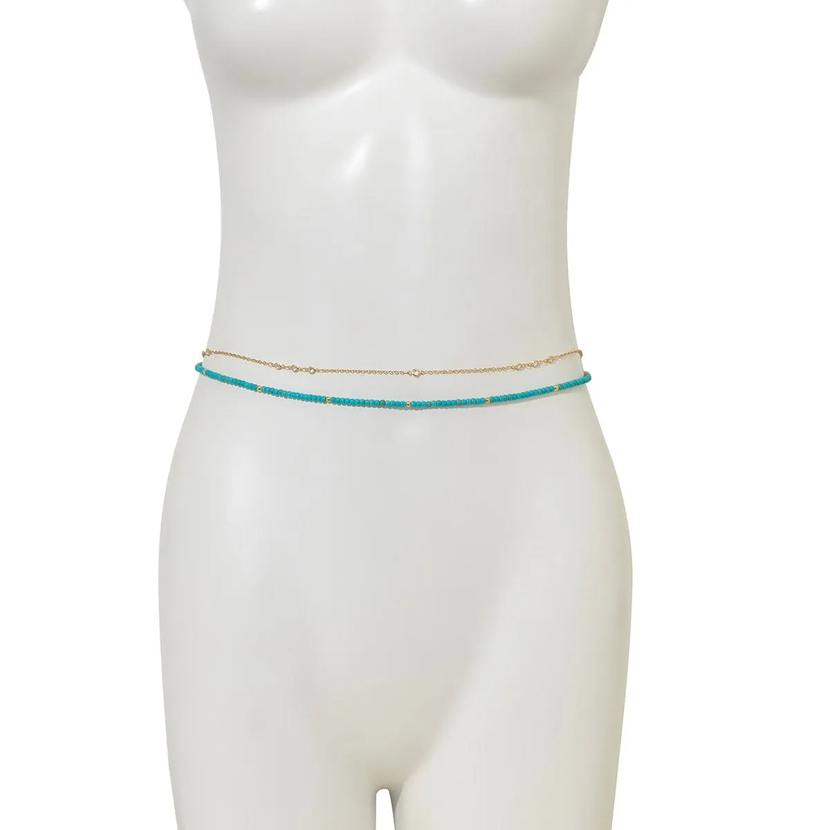 Dainty Layered Rhinestone Turquoise Seed Bead Belly Chain Set