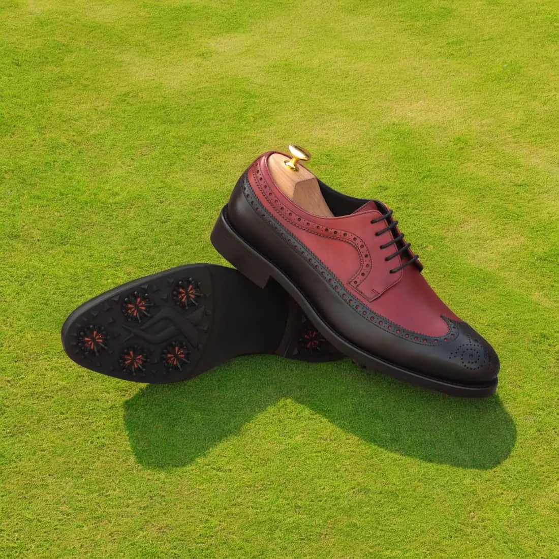 Derby Longwing de golf en cuir noir et rouge