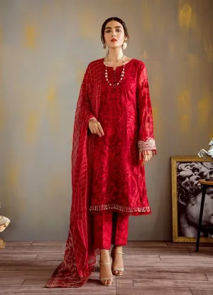 Designer thread embroidered chiffon dress in elegant red color # P2317