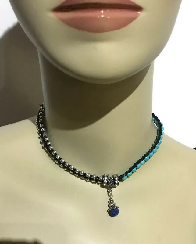 Double wrap black leather bracelet, Macrame wrap, choker, Boho-chic, oil diffuser pendant, turquoise stones, woman's size, THE TURQUOISE BRACELET WRAP