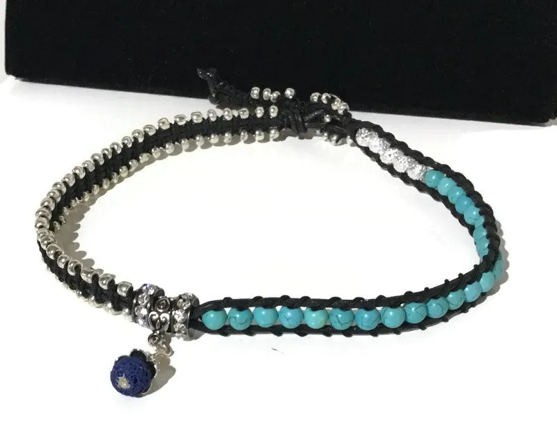 Double wrap black leather bracelet, Macrame wrap, choker, Boho-chic, oil diffuser pendant, turquoise stones, woman's size, THE TURQUOISE BRACELET WRAP