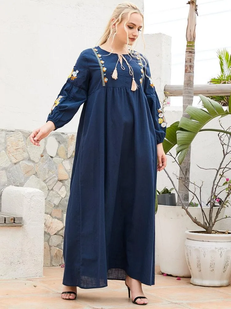 Embroidered Cotton Linen Long Sleeved Dress