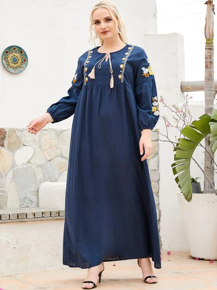 Embroidered Cotton Linen Long Sleeved Dress