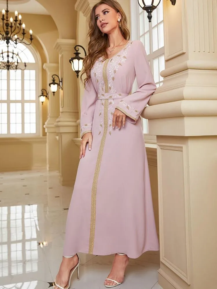 Embroidered Flare Long Sleeve Lace Up Dress