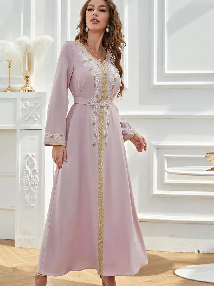 Embroidered Flare Long Sleeve Lace Up Dress