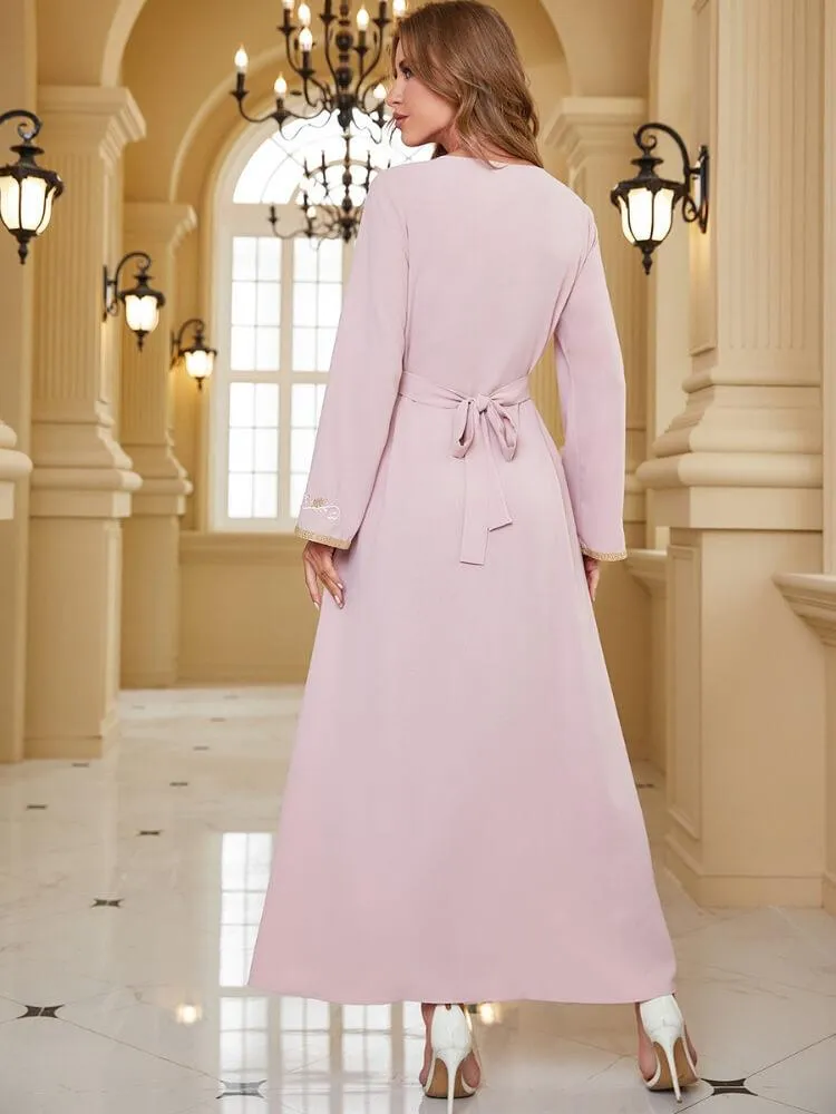 Embroidered Flare Long Sleeve Lace Up Dress
