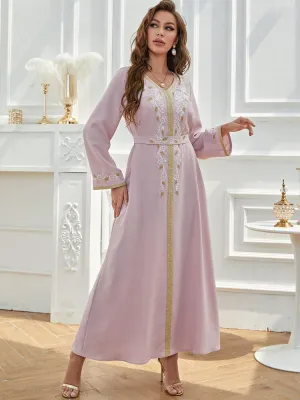 Embroidered Flare Long Sleeve Lace Up Dress