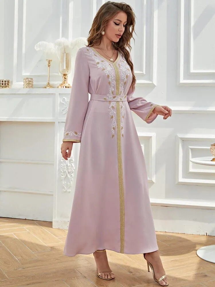 Embroidered Flare Long Sleeve Lace Up Dress
