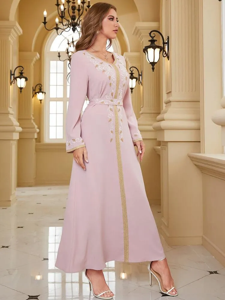 Embroidered Flare Long Sleeve Lace Up Dress