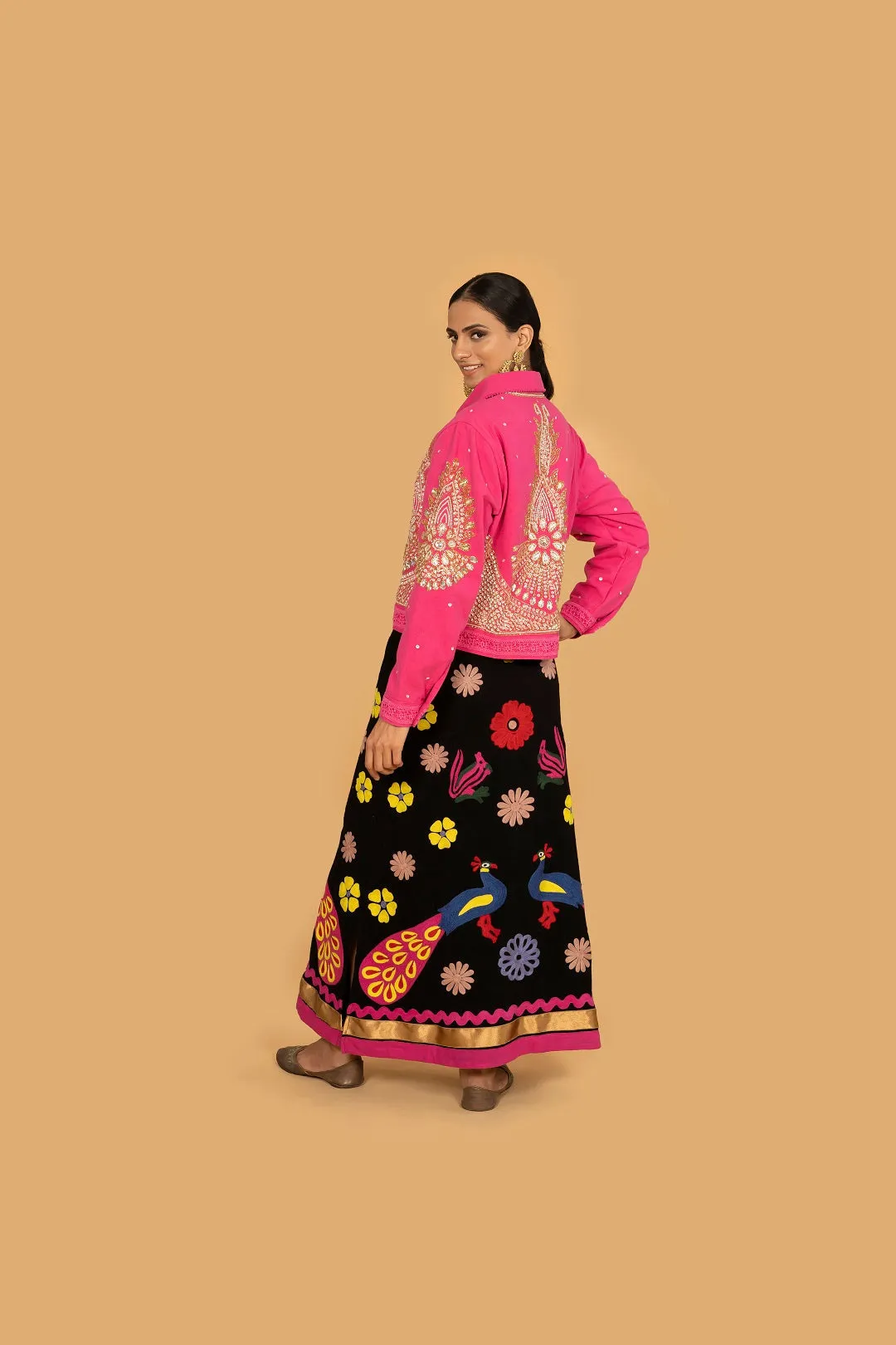 Embroidered Peacock Bright Maxi Skirt