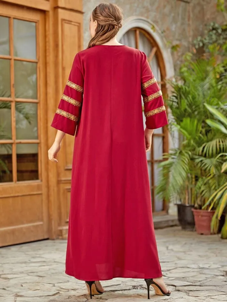 Embroidered Solid Medium Long Sleeve Jalabiya Dress