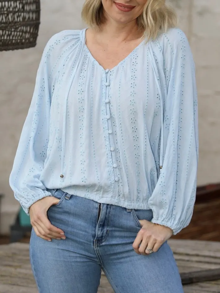 Eyelet Button Down Top - Light Blue