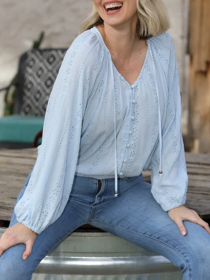 Eyelet Button Down Top - Light Blue