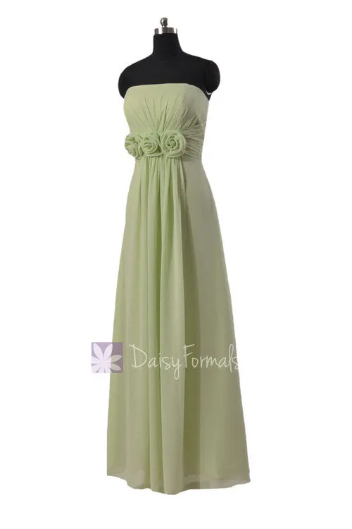 Floor Length Chiffon Bridesmaid Dress Tea Green Long Formal Dress W/Flowers(BM122B)