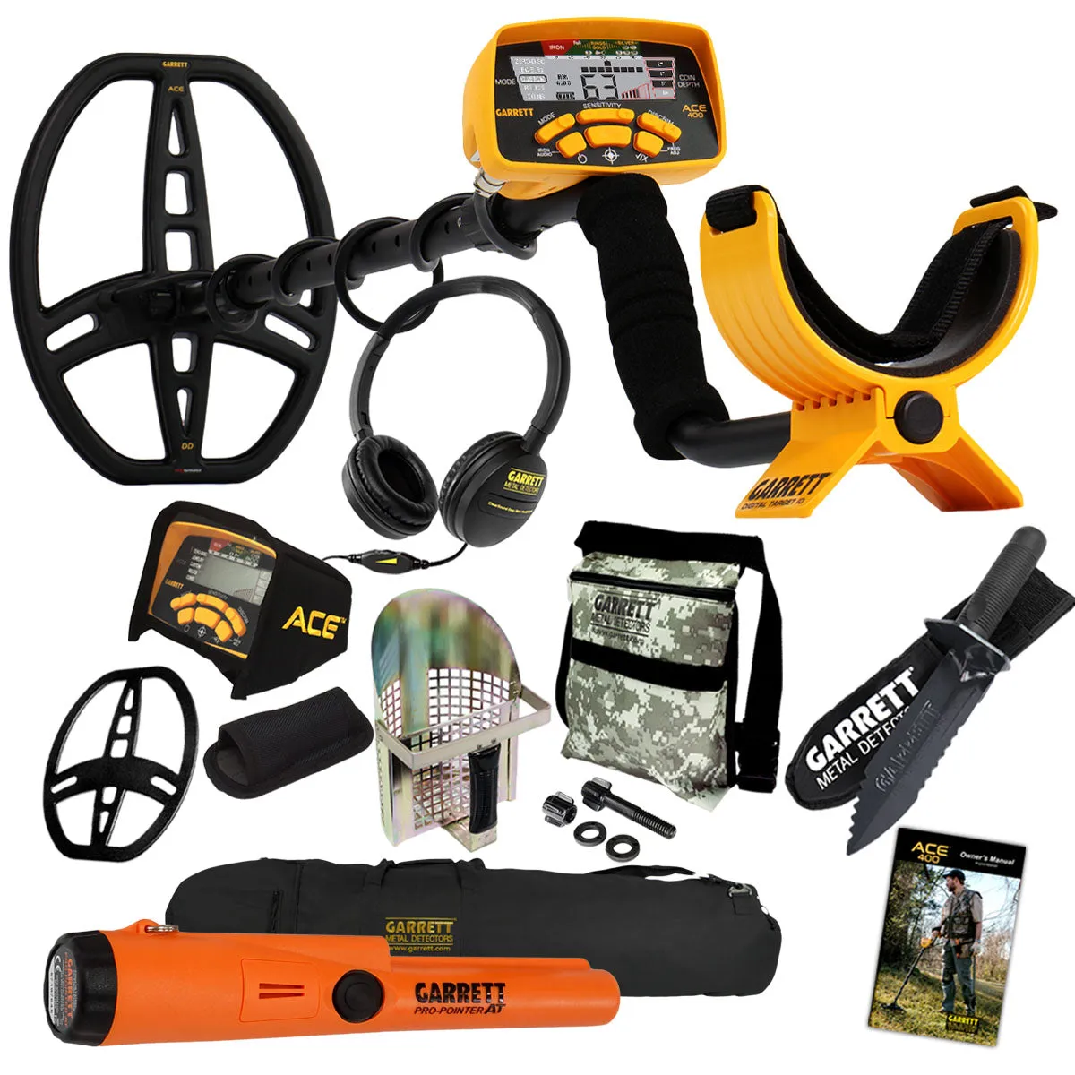 Garrett ACE 400 Metal Detector with ProPointer AT, Digger, Pouch, Scoop and Bag