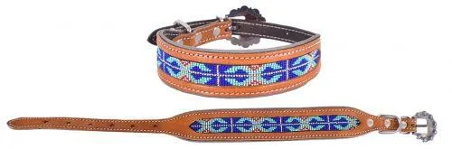 Genuine leather dog collar with a royal blue beaded inlay