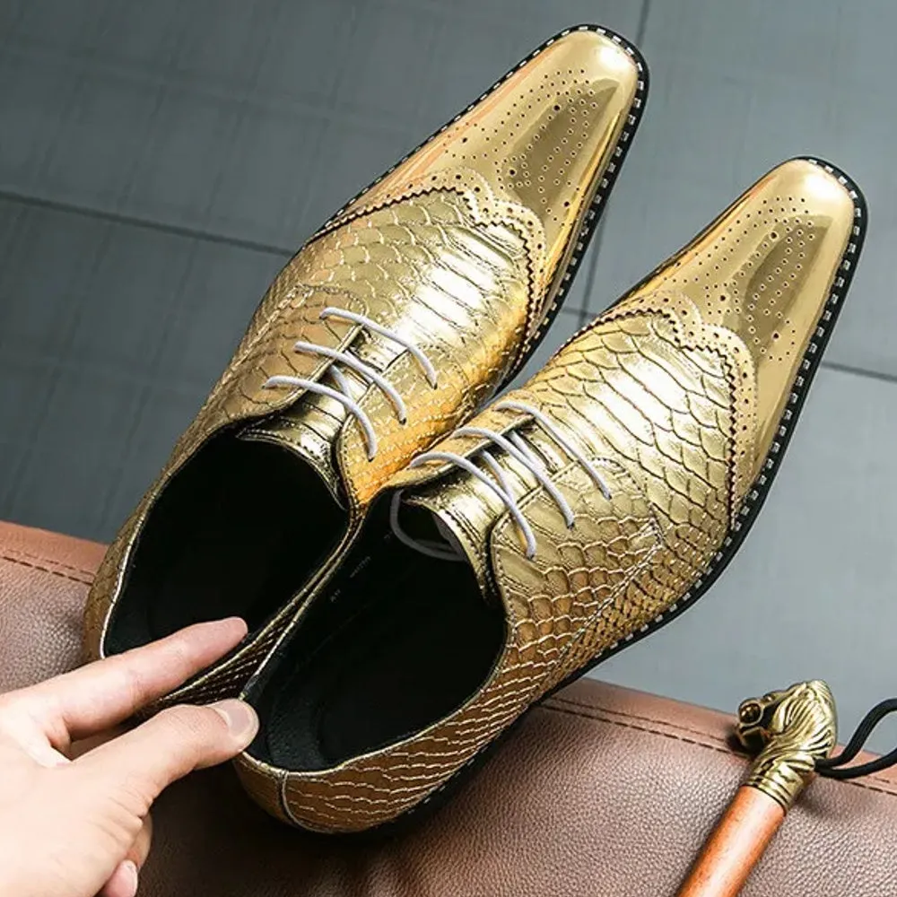 Gold Brogue Oxford Leather Shoes For Men