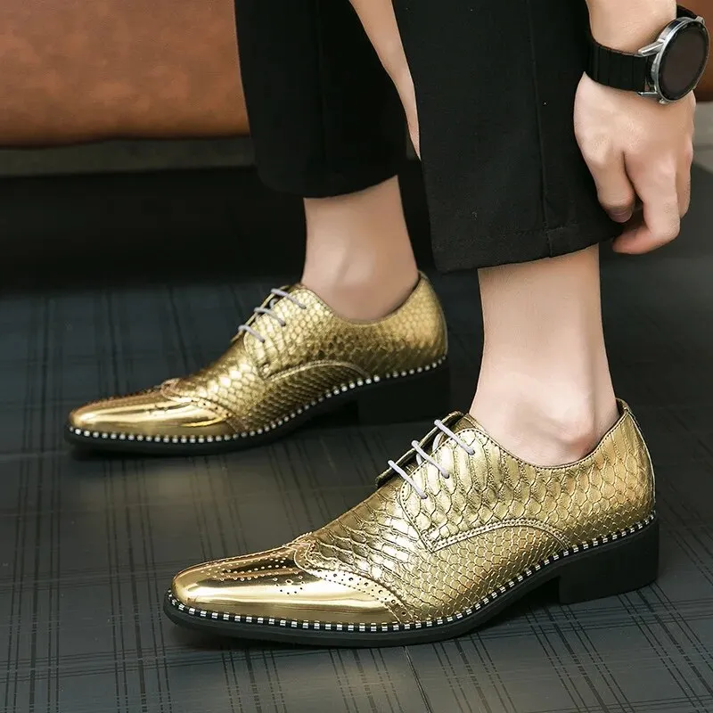 Gold Brogue Oxford Leather Shoes For Men