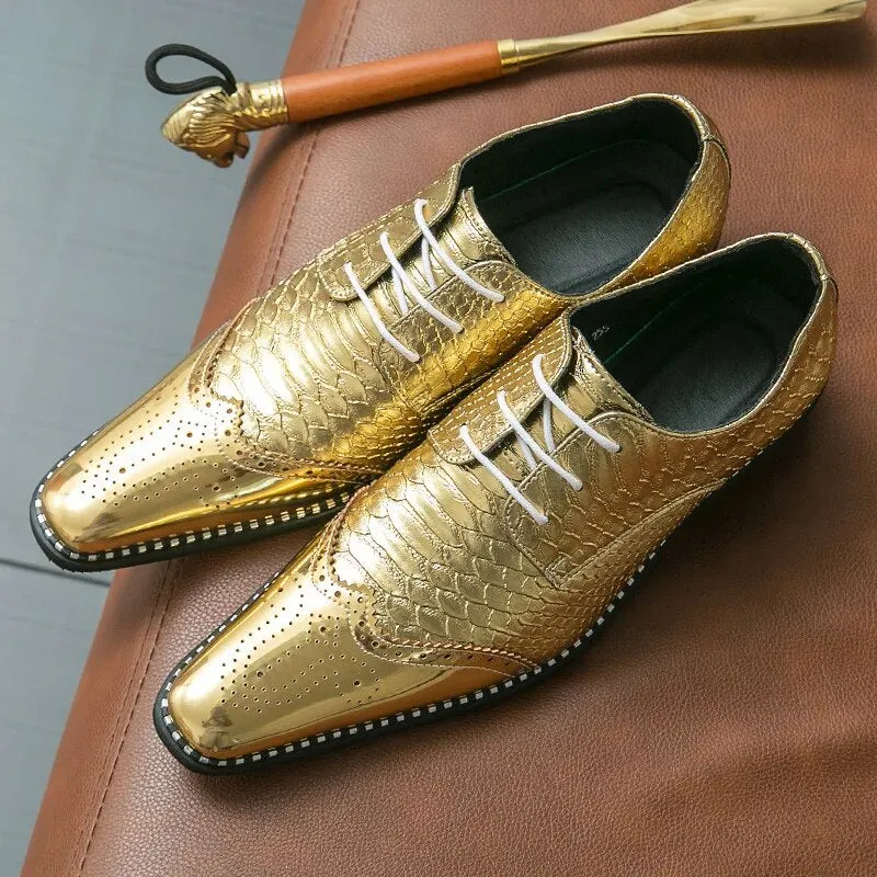 Gold Brogue Oxford Leather Shoes For Men