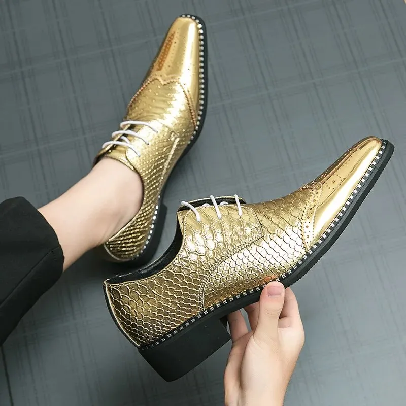 Gold Brogue Oxford Leather Shoes For Men