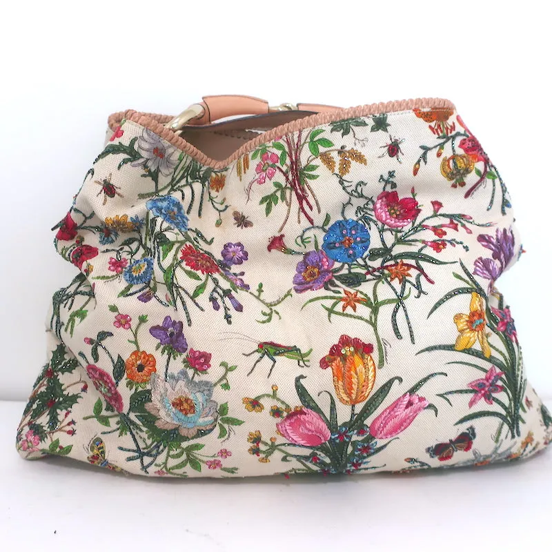 Gucci Beaded Flora Horsebit Hobo Cream Canvas Large Shoulder Bag