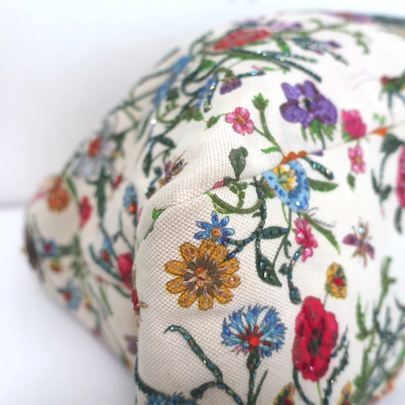 Gucci Beaded Flora Horsebit Hobo Cream Canvas Large Shoulder Bag