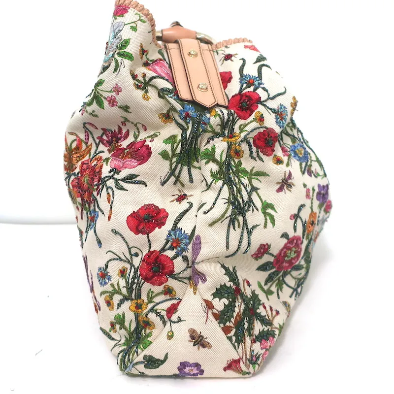 Gucci Beaded Flora Horsebit Hobo Cream Canvas Large Shoulder Bag