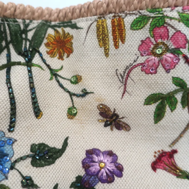 Gucci Beaded Flora Horsebit Hobo Cream Canvas Large Shoulder Bag