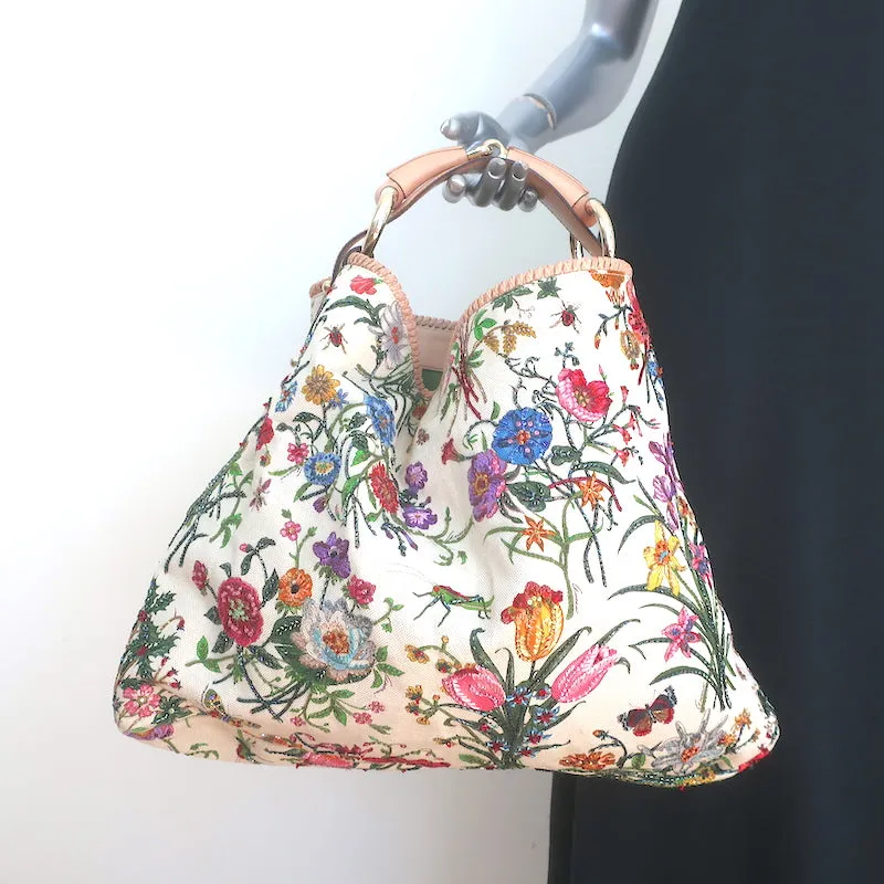 Gucci Beaded Flora Horsebit Hobo Cream Canvas Large Shoulder Bag