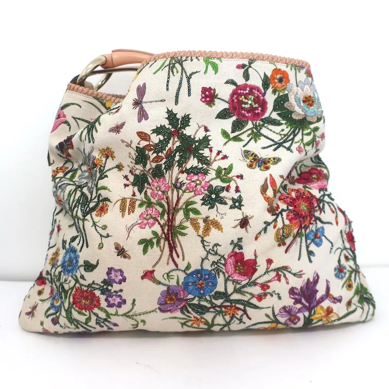 Gucci Beaded Flora Horsebit Hobo Cream Canvas Large Shoulder Bag