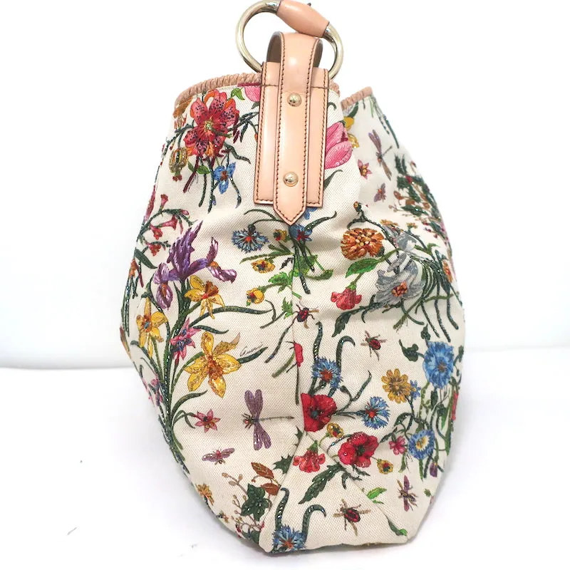 Gucci Beaded Flora Horsebit Hobo Cream Canvas Large Shoulder Bag