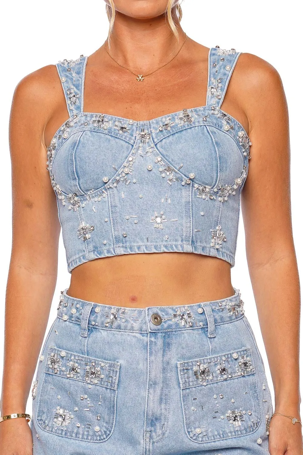 Hand Beaded Embroidered Denim Top
